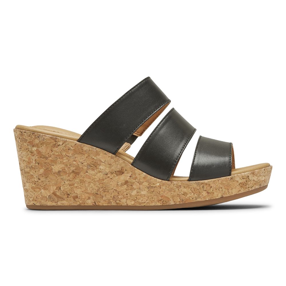 Rockport Women's Lyla Banded Wedges Slides - Black - USA (1086XDLNG)